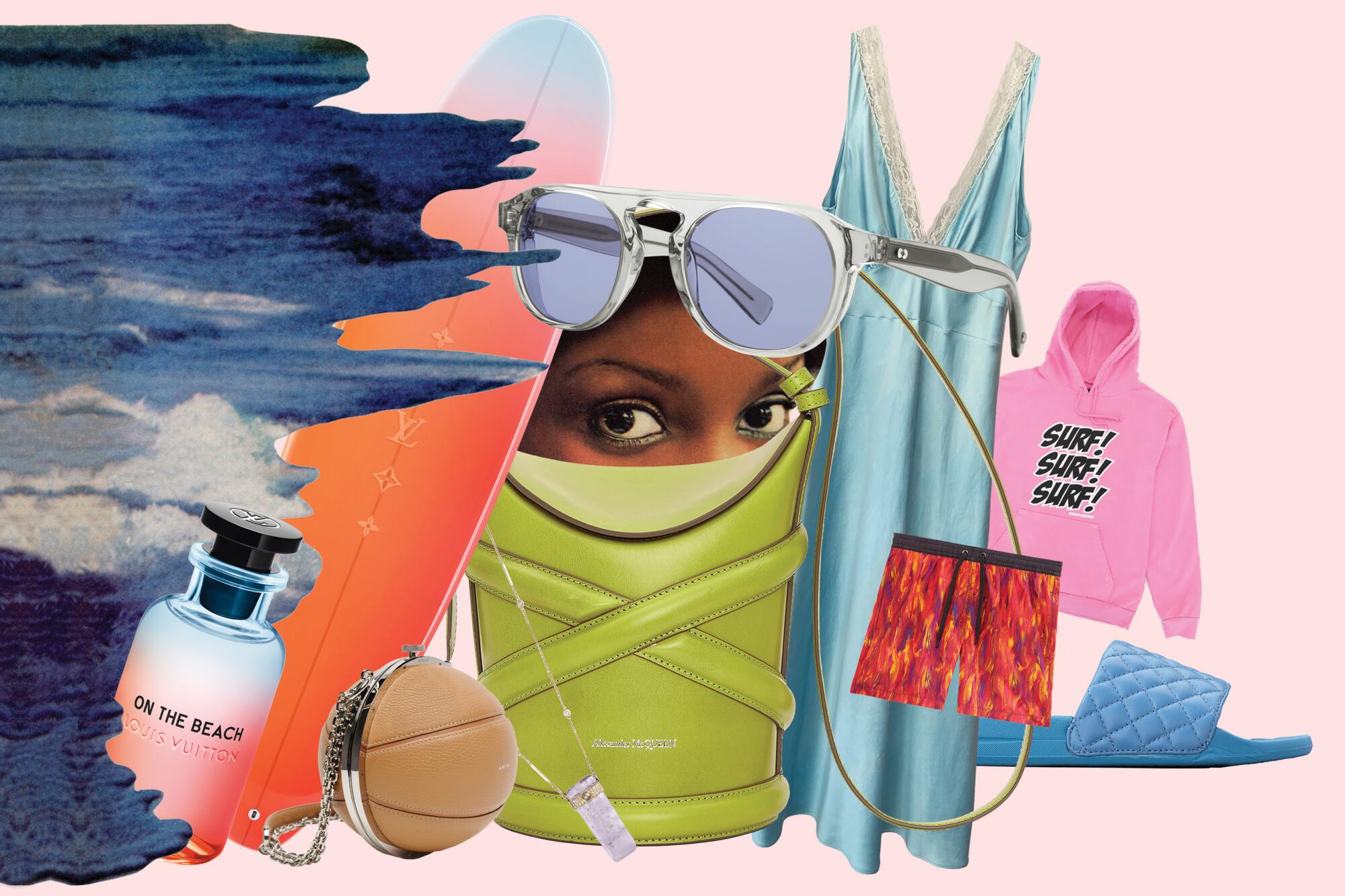 Luxury products collaged next to a cutout of waves.