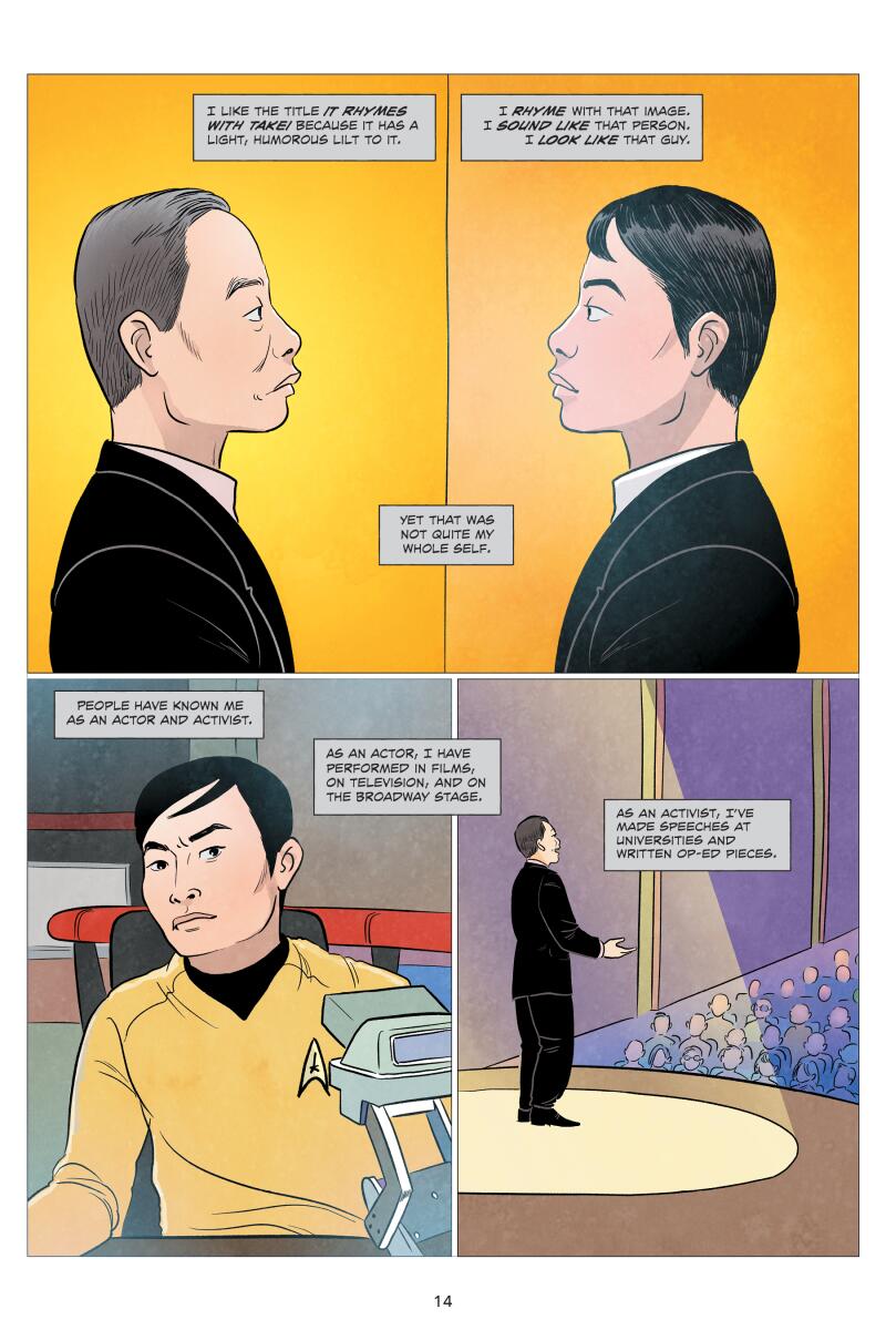 A four-panel comic book page featuring an older George Takei, a younger Takei, Takei as Sulu and Takei on stage.