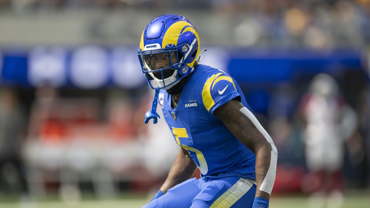 Cornerback Jalen Ramsey prepares for the snap in 2021 when he played for the Rams.