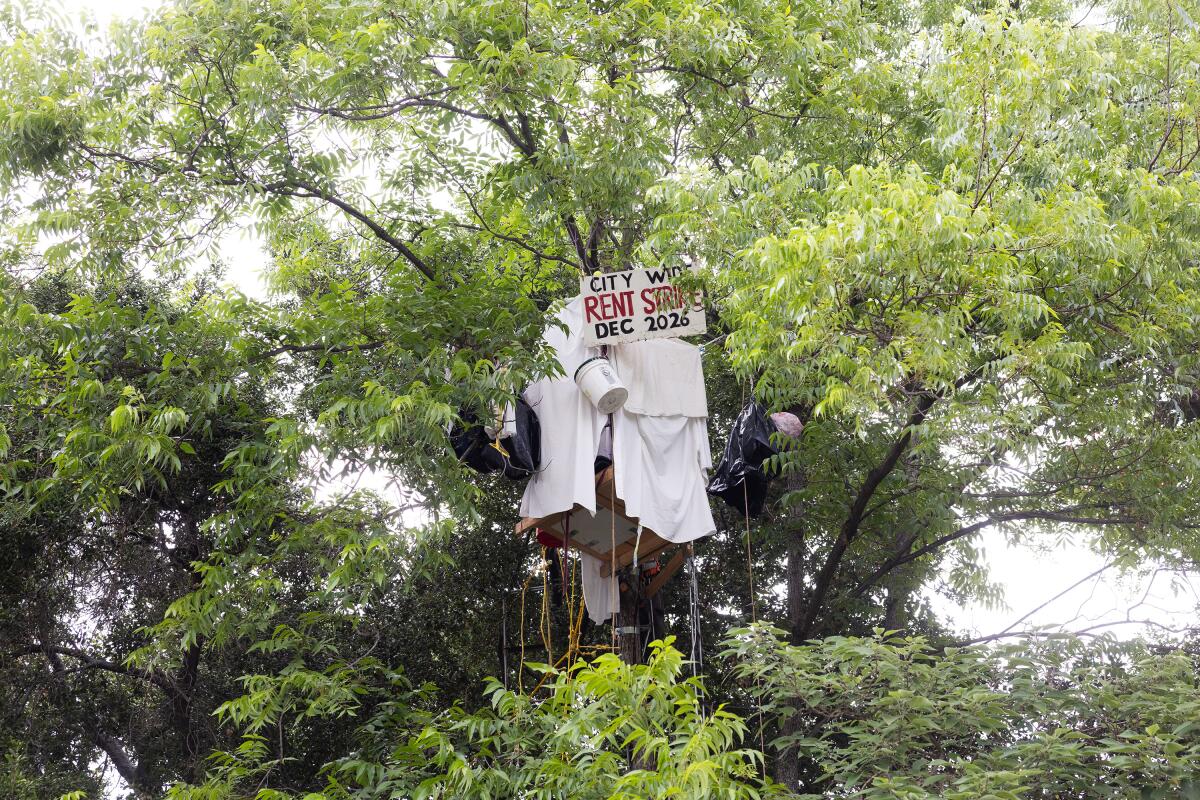 A tree house with a banner.