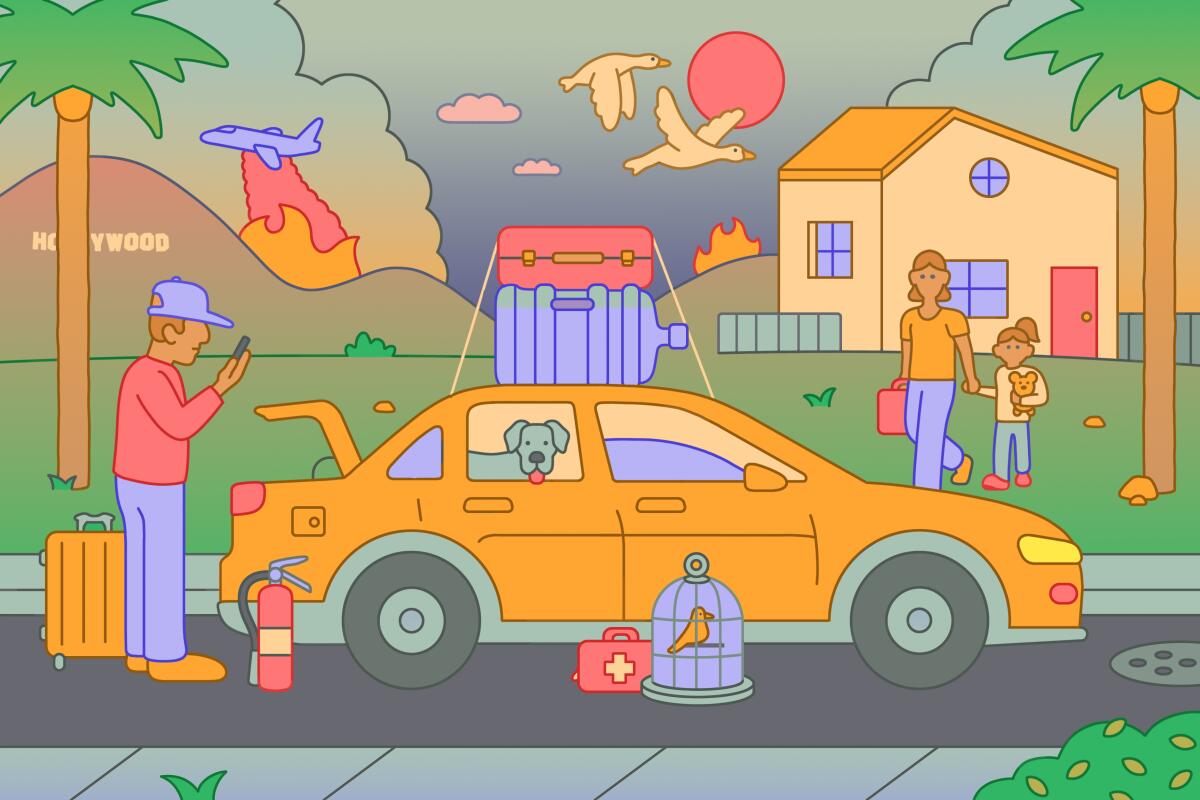 Illustration of a family loading their car with supplies and pets as fires burn on the hills in the distance.