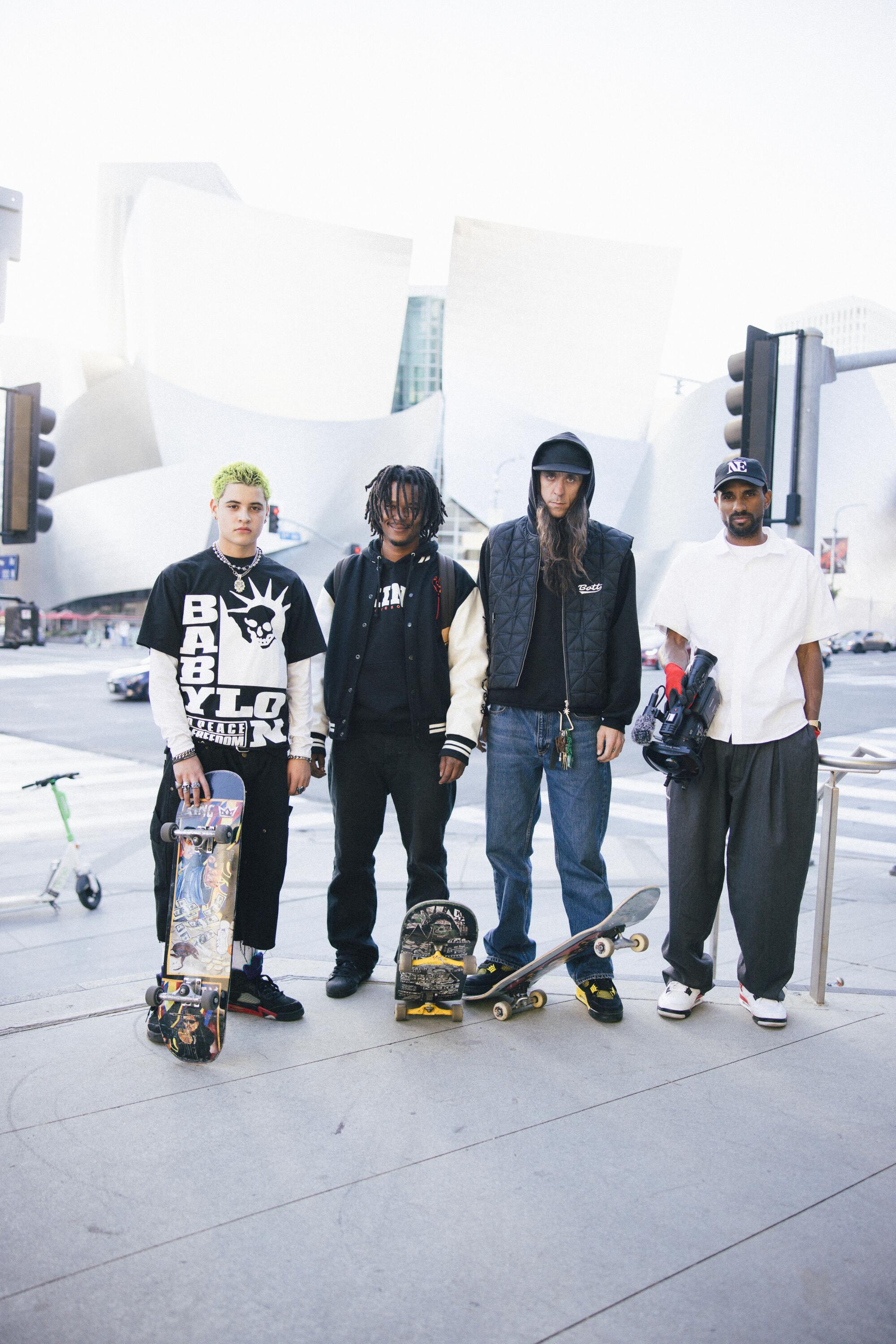 Lee Spielman, second from right, wears Babylon LA hat and hoodie, BoTT vest, Guess Jeans pants, Nike Air Jordan 4 Retro