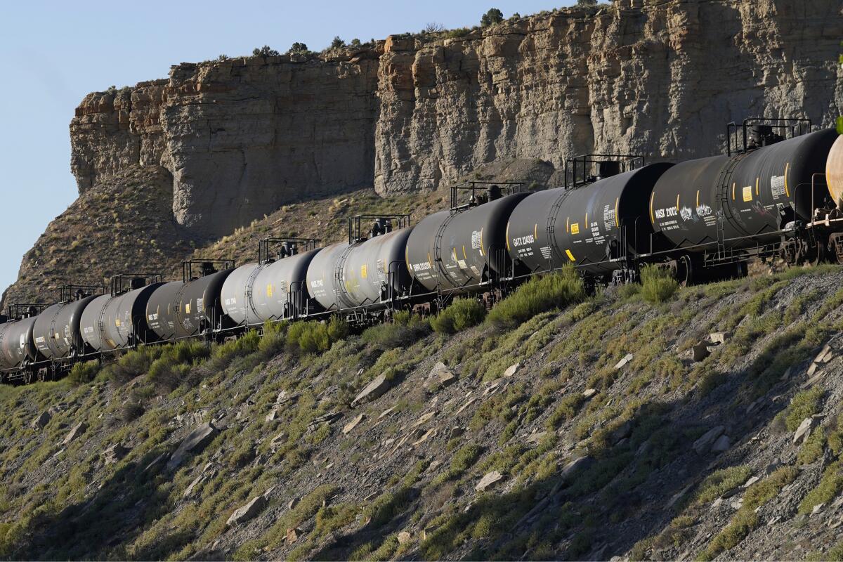 A train transports freight on a common carrier line.