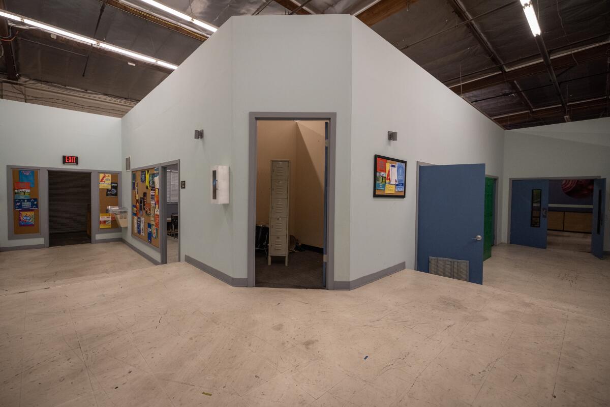 Clockwise from top left: Different sets on the Dhar Mann Studios in Burbank include a cafe, tea shop, and a school's interior and exterior.