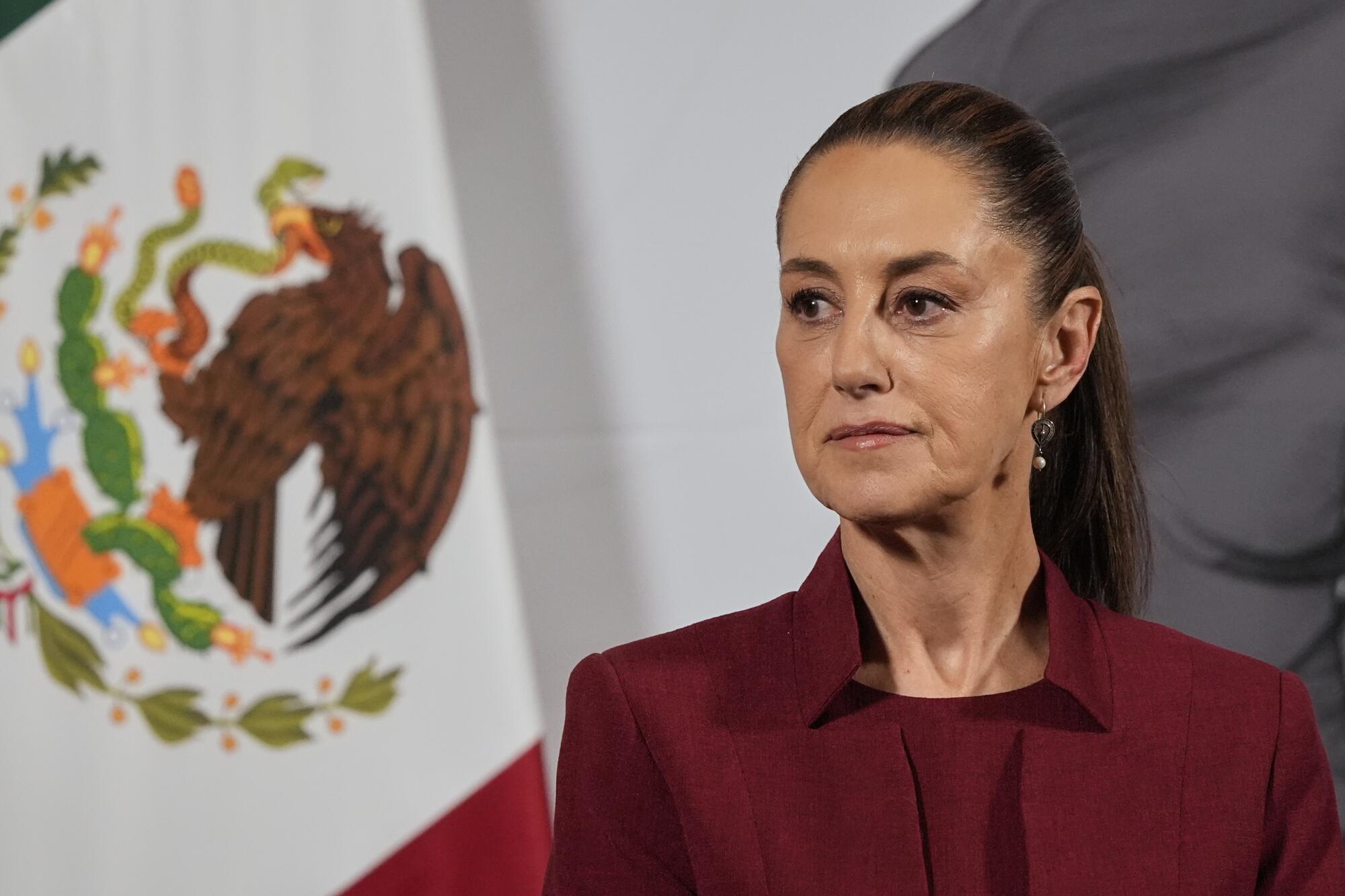 Mexican President Claudia Sheinbaum standing beside the flag at the National Palace