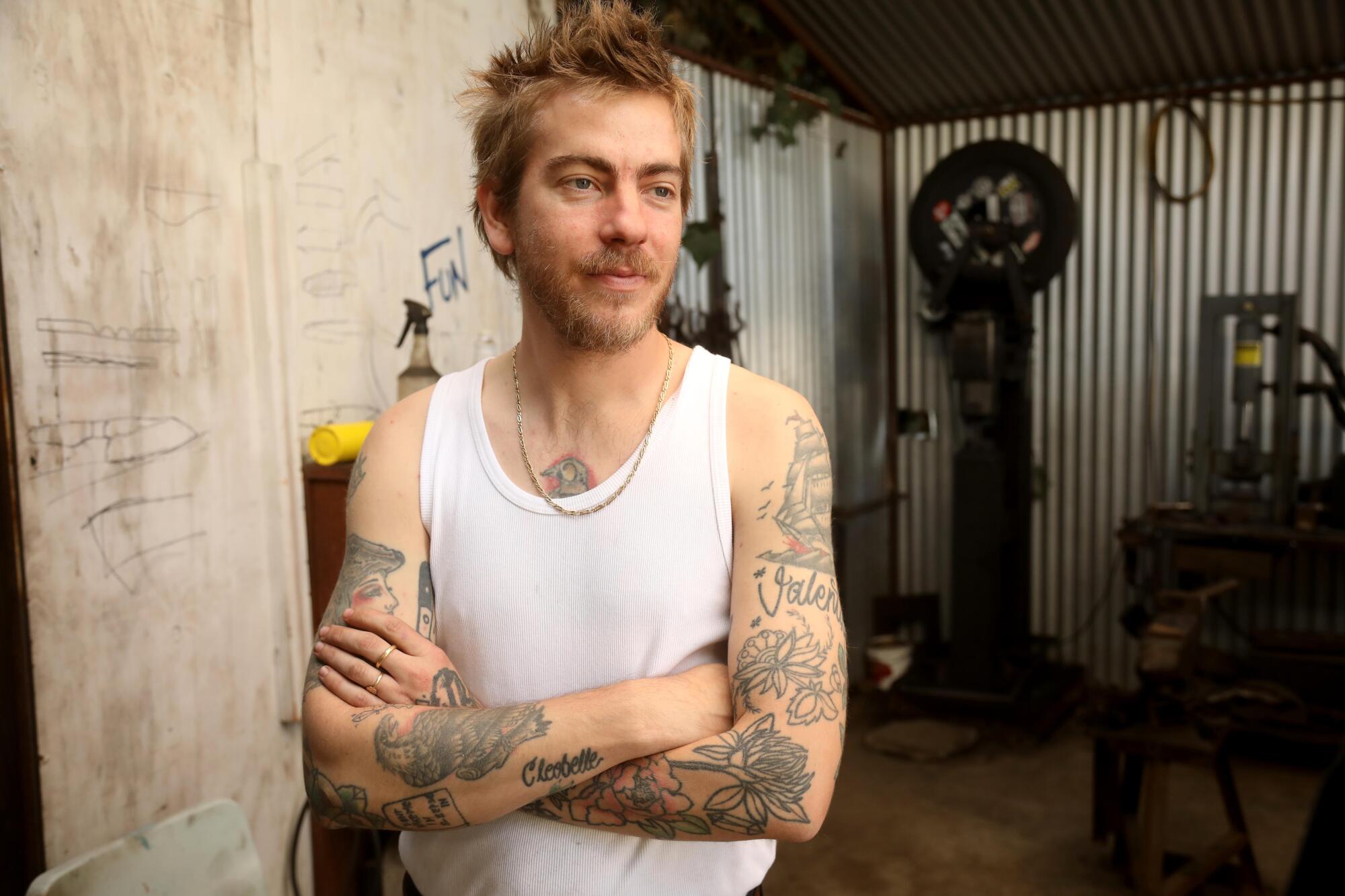 Bladesmith Nicholas Berkofsky in his studio in East Los Angeles