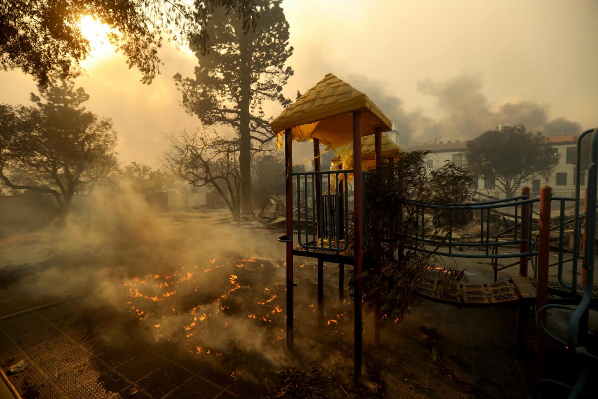 A play area smolders at Palisades Elementary Charter School