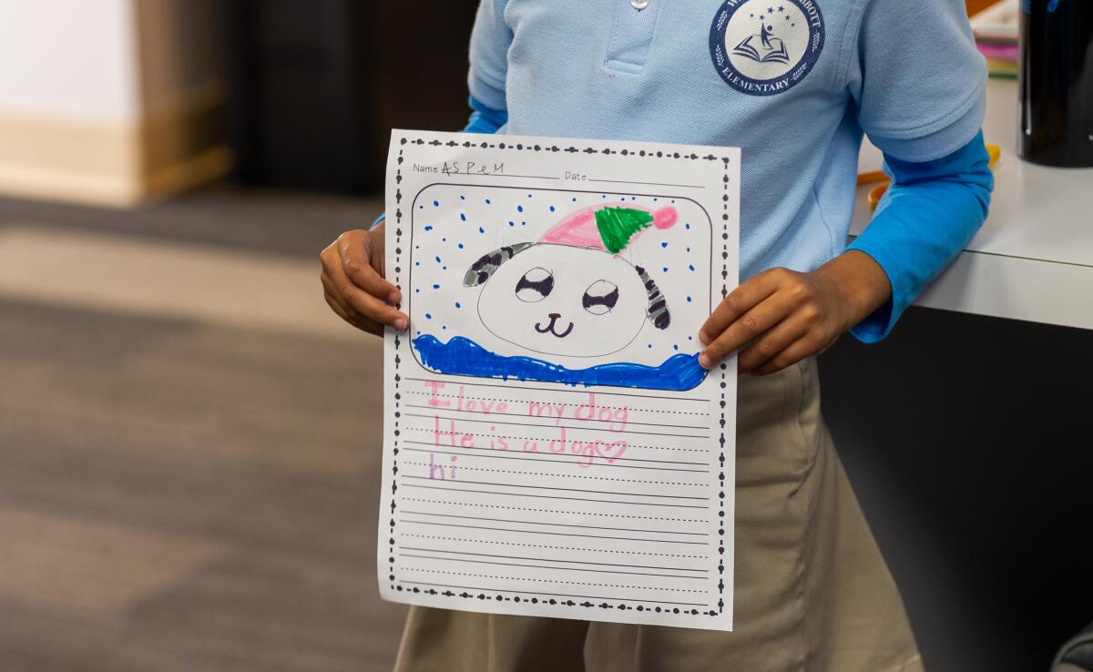 The hands of a small child holding up a paper with a child's drawing of a dog wearing a hat.