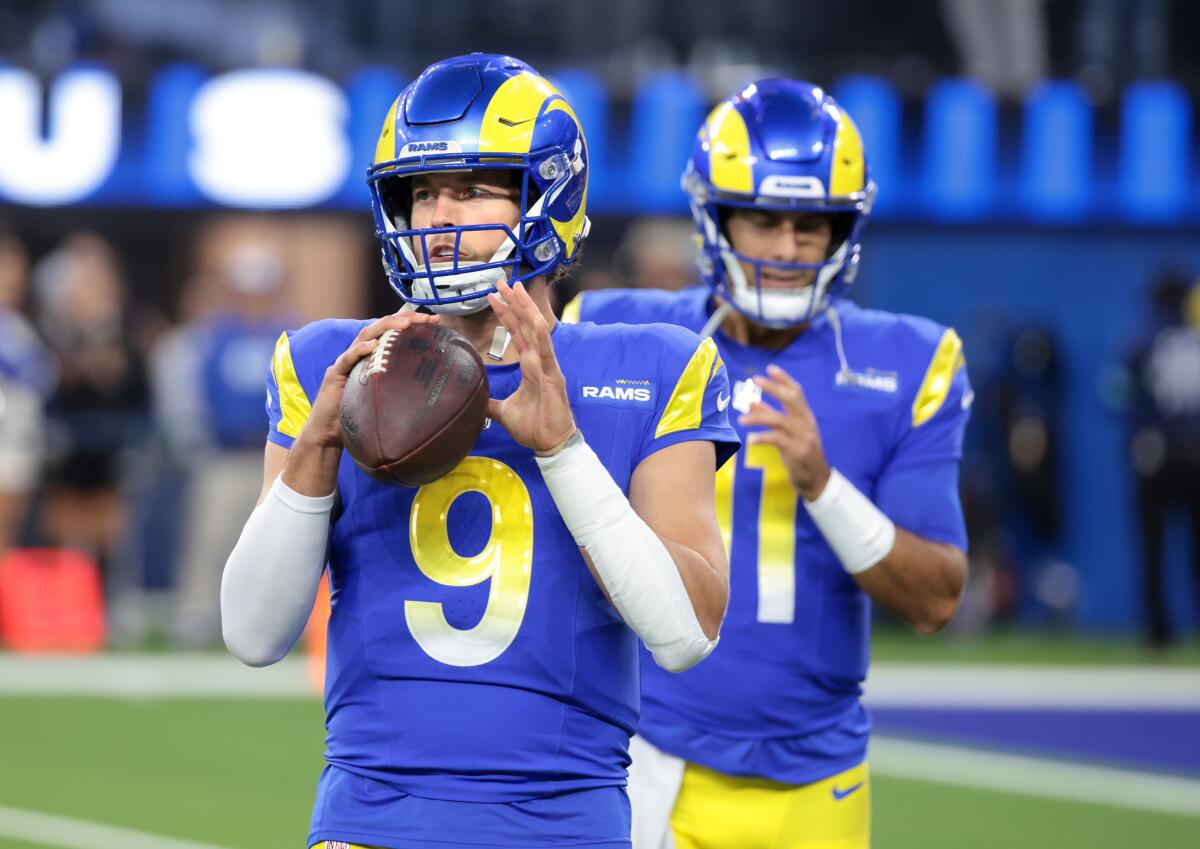 Rams quarterback Matthew Stafford warms up before a game against the Eagles at SoFi Stadium in November.